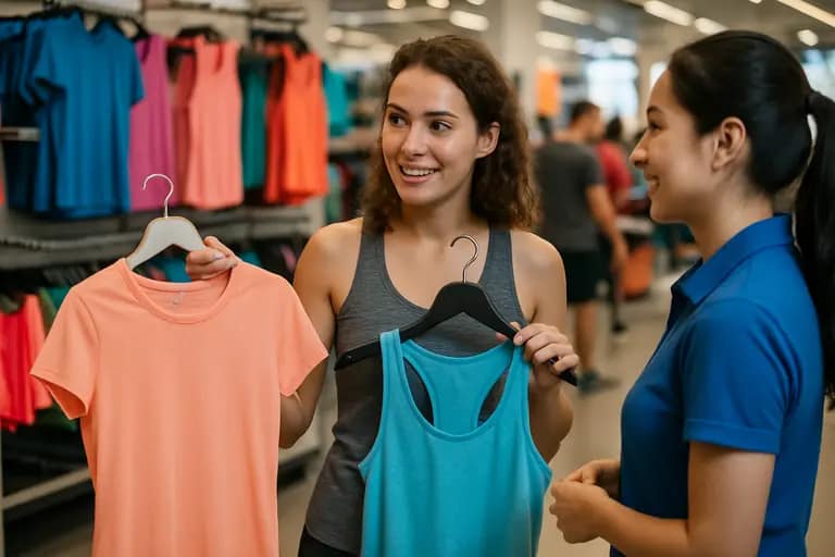 Workout clothes sorted near a washing machine and care tag