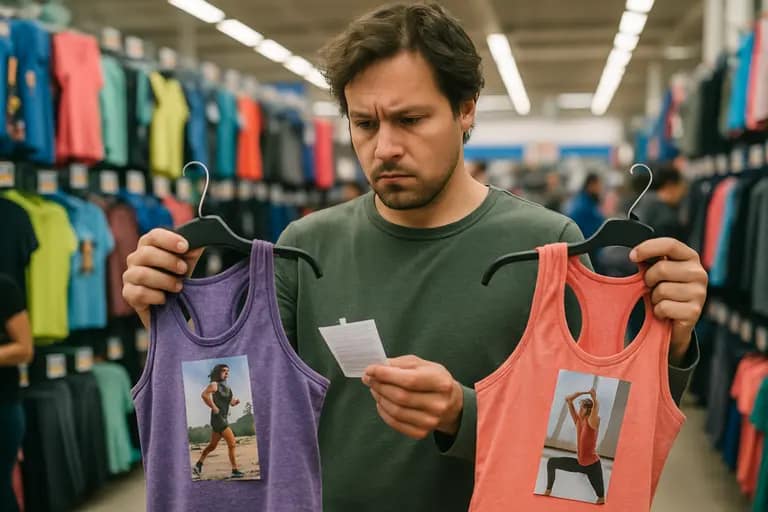 Shopper comparing garment labels on two folded workout tops