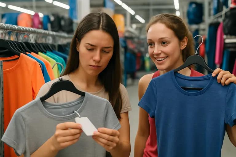 Person checking a care label inside a cotton training tee