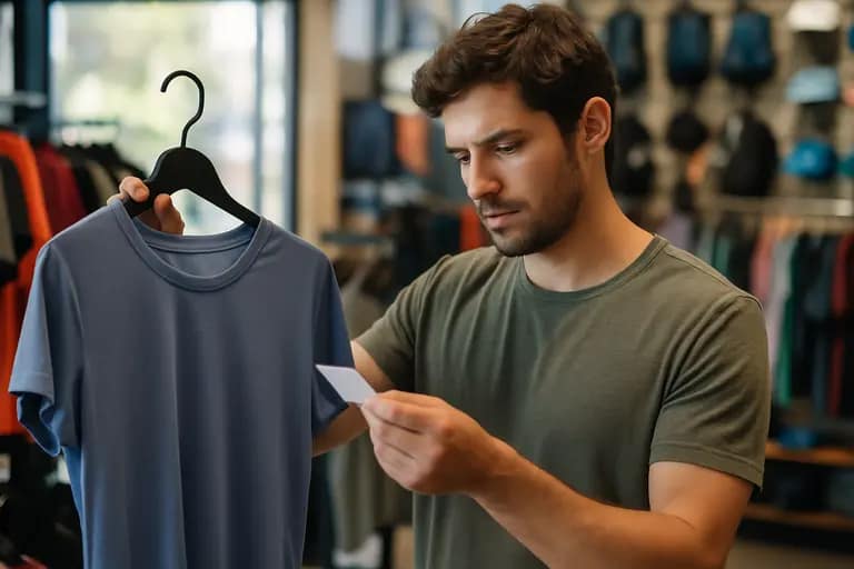 Shopper reading a garment care label on a pair of activewear leggings