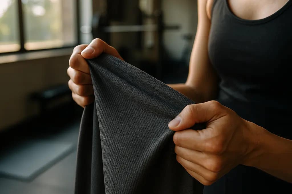Shopper checking activewear transparency details on a leggings tag