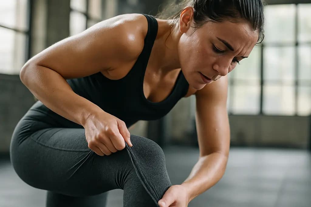 Adaptive stretch fabrics shown in leggings and a sports bra during a studio fit check