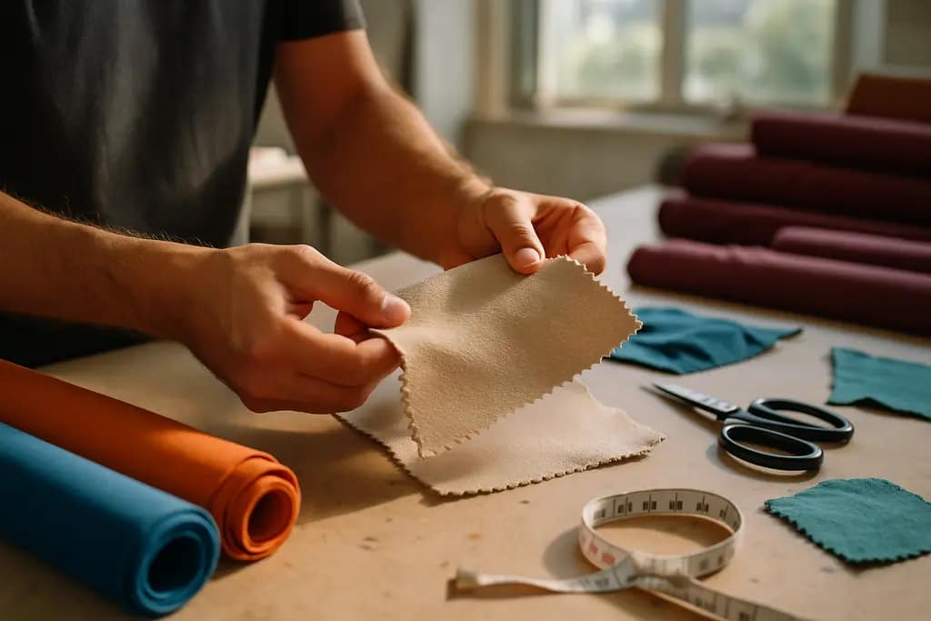 Biodegradable Activewear Fibers shown as neutral activewear fabric swatches