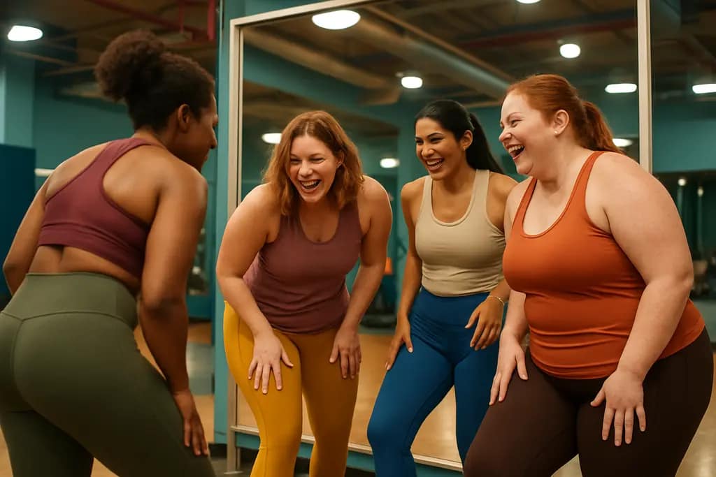 inclusive activewear leggings arranged in several sizes on a studio bench