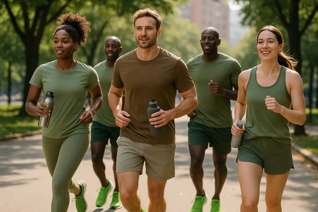 Sustainable Activewear pieces arranged with recycled fabric swatches and a sports bra