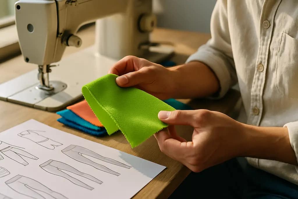 Sustainable fabric innovations displayed as activewear swatches on a sourcing table