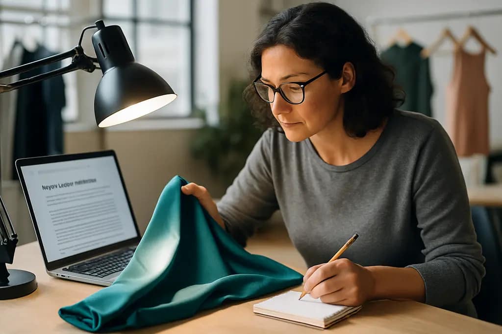 activewear compliance documents beside fabric swatches and folded leggings