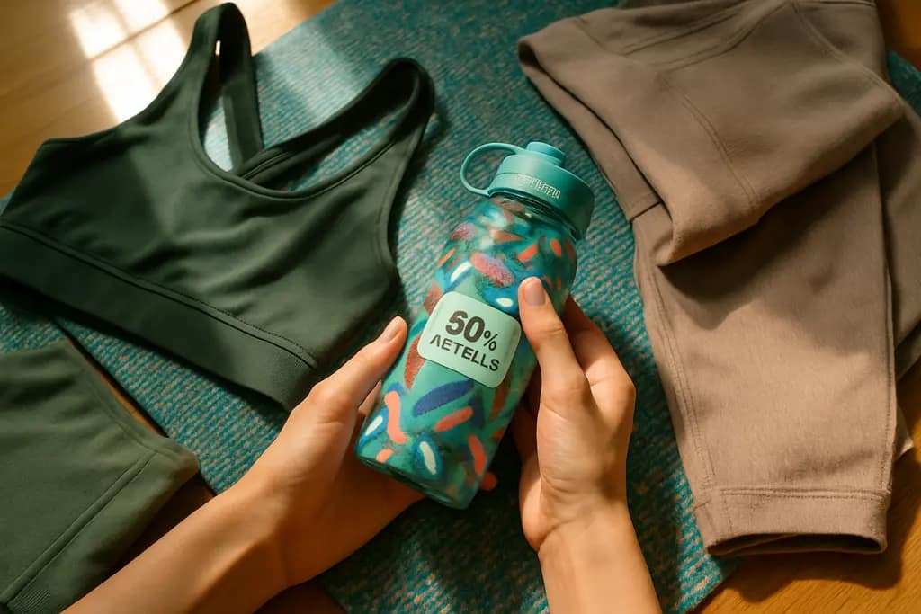 Recycled fabrics activewear displayed beside fabric swatches and training shoes