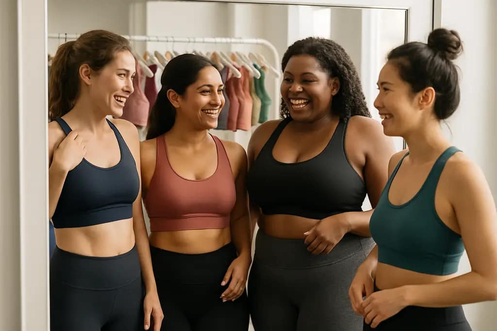 Sports bra sizing chart beside several supportive training bras