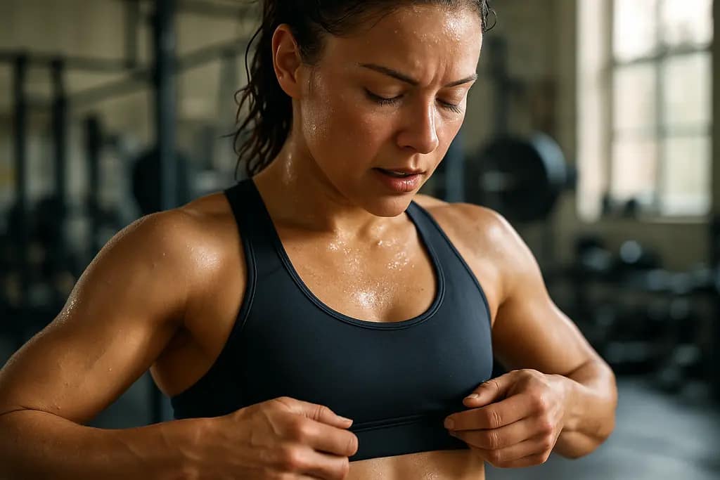 sports bra testing setup with fabric samples, sensors, and a motion analysis workstation