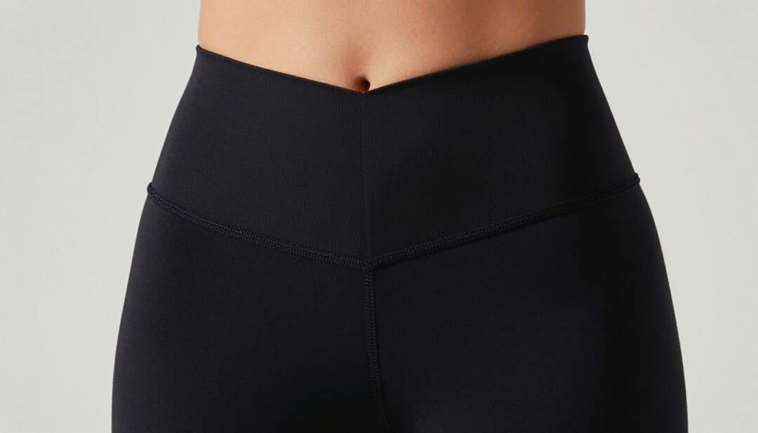 Close-up detail of a high-rise, V-shaped waistband on a pair of black gym leggings, showing seamless construction, spandex care