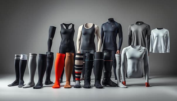 A diverse array of compression gear for various needs, including athletic wear, medical supports, and everyday apparel. In the foreground, a collection of sleek, form-fitting garments in a range of colors and styles - compression socks, leggings, and arm sleeves. In the middle ground, specialized braces and wraps for joint support and injury recovery. The background showcases a selection of lightweight, breathable compression shirts and tops, designed for optimal performance and comfort. Soft, muted lighting creates a soothing, professional atmosphere, highlighting the technical details and functionality of each piece. The overall composition conveys the versatility and benefits of compression wear for diverse individuals and activities. A diverse array of compression gear for various needs, including athletic wear, medical supports, and everyday apparel. In the foreground, a collection of sleek, form-fitting garments in a range of colors and styles - compression socks, leggings, and arm sleeves. In the middle ground, specialized braces and wraps for joint support and injury recovery. The background showcases a selection of lightweight, breathable compression shirts and tops, designed for optimal performance and comfort. Soft, muted lighting creates a soothing, professional atmosphere, highlighting the technical details and functionality of each piece. The overall composition conveys the versatility and benefits of compression wear for diverse individuals and activities.
