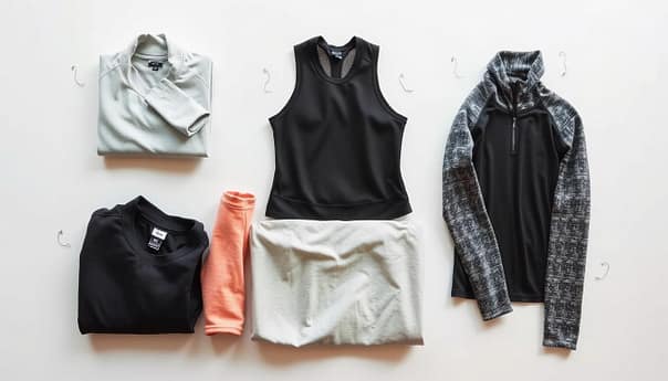 A neatly arranged display of various workout fabrics, including lightweight moisture-wicking synthetic blends, breathable mesh panels, and insulating thermal knits. The fabrics are laid out on a clean, minimalist surface, with soft, natural lighting illuminating their textures and hues. The image conveys a sense of organization, functionality, and a focus on the practical considerations of layering for varying weather conditions during exercise routines. A neatly arranged display of various workout fabrics, including lightweight moisture-wicking synthetic blends, breathable mesh panels, and insulating thermal knits. The fabrics are laid out on a clean, minimalist surface, with soft, natural lighting illuminating their textures and hues. The image conveys a sense of organization, functionality, and a focus on the practical considerations of layering for varying weather conditions during exercise routines.