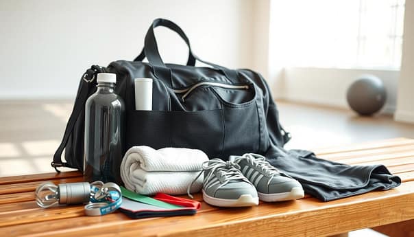 A neatly organized gym bag rests on a wooden bench, its contents meticulously arranged. In the foreground, various fitness essentials are displayed - a water bottle, towel, resistance bands, and a small pouch containing toiletries. The middle ground features a pair of clean, well-worn sneakers, alongside a sleek, moisture-wicking workout outfit. The background showcases a minimalist, sun-drenched gym interior, with clean lines and a serene atmosphere. The lighting is soft and diffused, highlighting the thoughtful organization of the bag's contents. The overall mood conveys a sense of preparedness, efficiency, and a dedication to a healthy, active lifestyle. A neatly organized gym bag rests on a wooden bench, its contents meticulously arranged. In the foreground, various fitness essentials are displayed - a water bottle, towel, resistance bands, and a small pouch containing toiletries. The middle ground features a pair of clean, well-worn sneakers, alongside a sleek, moisture-wicking workout outfit. The background showcases a minimalist, sun-drenched gym interior, with clean lines and a serene atmosphere. The lighting is soft and diffused, highlighting the thoughtful organization of the bag's contents. The overall mood conveys a sense of preparedness, efficiency, and a dedication to a healthy, active lifestyle.