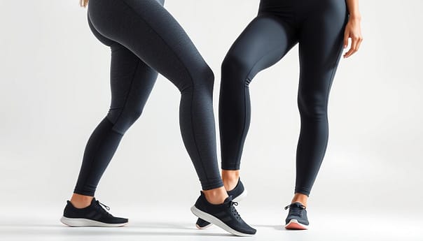 A well-lit studio setting with two pairs of women's workout leggings positioned side-by-side on a clean, minimalist background. The leggings should be of contrasting styles and price points - one budget-friendly and the other a premium brand. Capture the leggings from a slightly elevated angle, showcasing their fabric textures, seams, and overall construction in crisp detail. The lighting should be soft and diffused, accentuating the materials and creating subtle shadows to convey depth and dimension. The composition should be balanced and visually appealing, allowing the viewer to easily compare the differences between the two products. A well-lit studio setting with two pairs of women's workout leggings positioned side-by-side on a clean, minimalist background. The leggings should be of contrasting styles and price points - one budget-friendly and the other a premium brand. Capture the leggings from a slightly elevated angle, showcasing their fabric textures, seams, and overall construction in crisp detail. The lighting should be soft and diffused, accentuating the materials and creating subtle shadows to convey depth and dimension. The composition should be balanced and visually appealing, allowing the viewer to easily compare the differences between the two products.