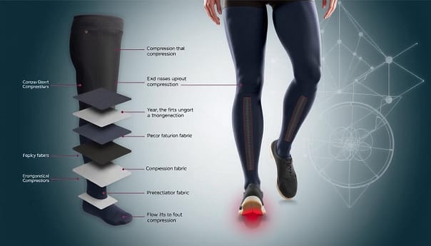 a detailed, technical illustration of the science behind compression pants, showing the different layers and materials used in their construction, as well as the underlying biomechanical principles that make them effective. the image should have a clean, scientific aesthetic, with crisp lines, muted colors, and a slightly technical, almost diagram-like composition. the foreground should feature a cutaway view of a compression pant leg, revealing the layered structure of the fabric, with annotations pointing out key design elements and their functions. the middle ground should show a person wearing the pants, with arrows and labels highlighting the way the compression fabric interacts with the body to provide support and improve circulation. the background should feature abstract geometric patterns or technical diagrams related to the physics and physiology of compression, creating an overall sense of scientific rigor and technical sophistication. a detailed, technical illustration of the science behind compression pants, showing the different layers and materials used in their construction, as well as the underlying biomechanical principles that make them effective. the image should have a clean, scientific aesthetic, with crisp lines, muted colors, and a slightly technical, almost diagram-like composition. the foreground should feature a cutaway view of a compression pant leg, revealing the layered structure of the fabric, with annotations pointing out key design elements and their functions. the middle ground should show a person wearing the pants, with arrows and labels highlighting the way the compression fabric interacts with the body to provide support and improve circulation. the background should feature abstract geometric patterns or technical diagrams related to the physics and physiology of compression, creating an overall sense of scientific rigor and technical sophistication.