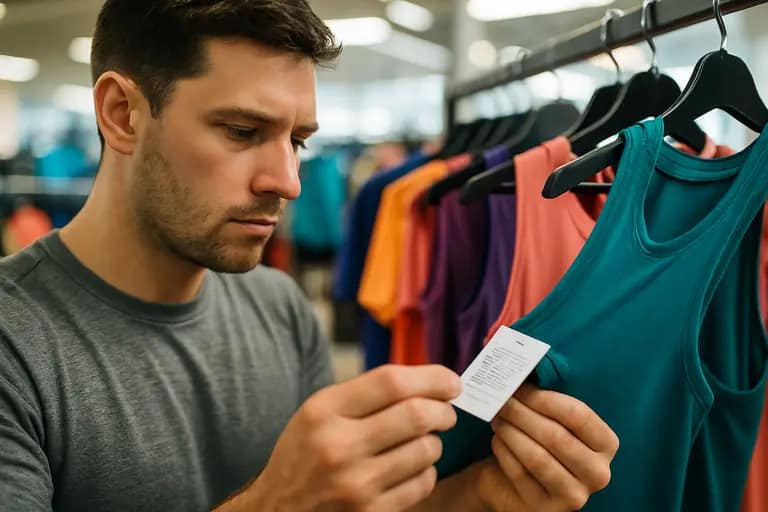 Person checking a workout garment label in a bright fitting area