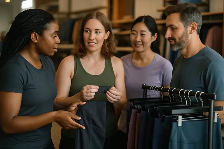 Person checking waistband fit and fabric opacity before a gym session