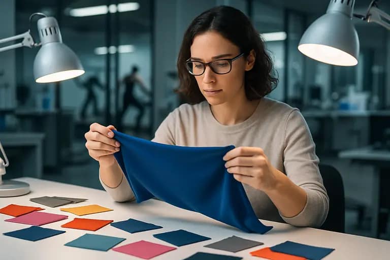 Person testing leggings with a squat in a bright studio