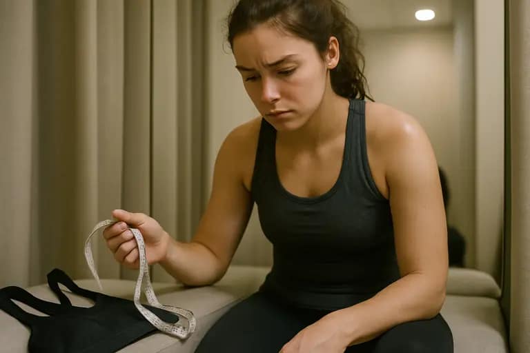 Sports bras with different band, cup, and strap constructions on a rack