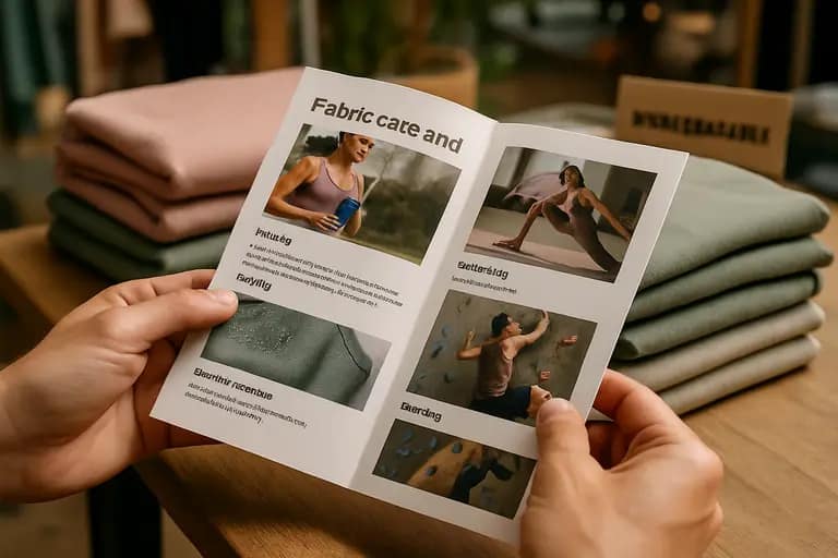 Activewear care label and folded performance fabric after washing