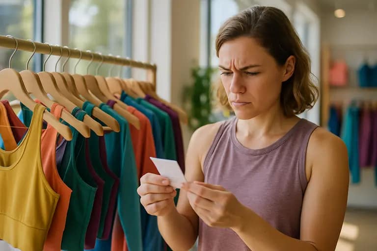 Hands checking a garment care label on a pair of activewear leggings