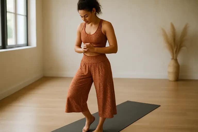 Person checking waistband fit during a controlled squat in activewear